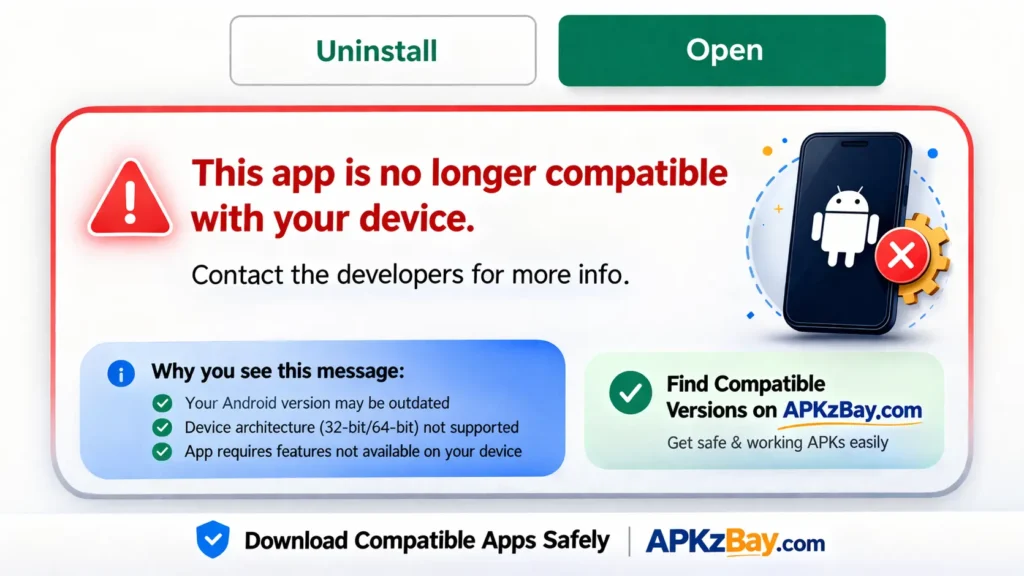This app is not compatible with your device contact the developers for more info error message with APKzBay.com branding and Android warning alert