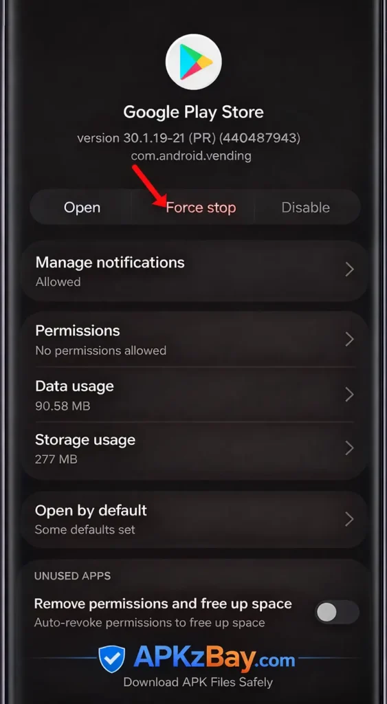 How to fix this app is no longer compatible with your device play store: Google Play Store app info screen showing force stop option highlighted on Android with APKzBay.com branding