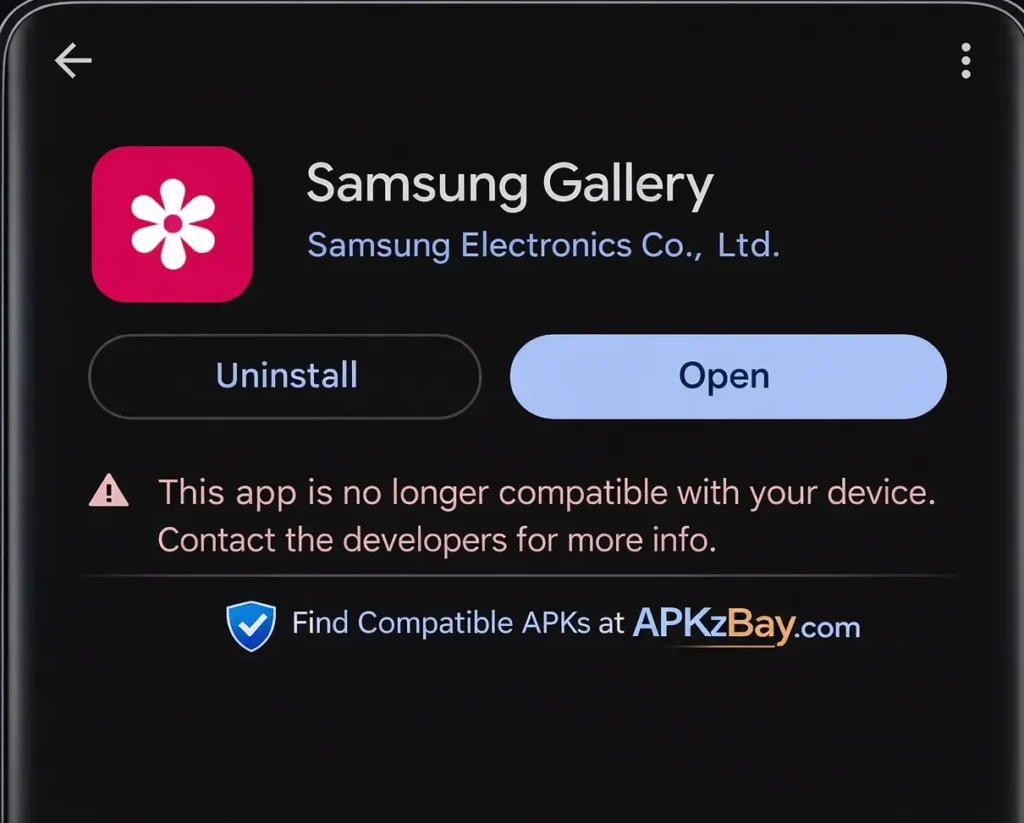 This app is not compatible with this device problem solution samsung: Samsung Gallery app not compatible with your device error on Android with APKzBay.com solution branding