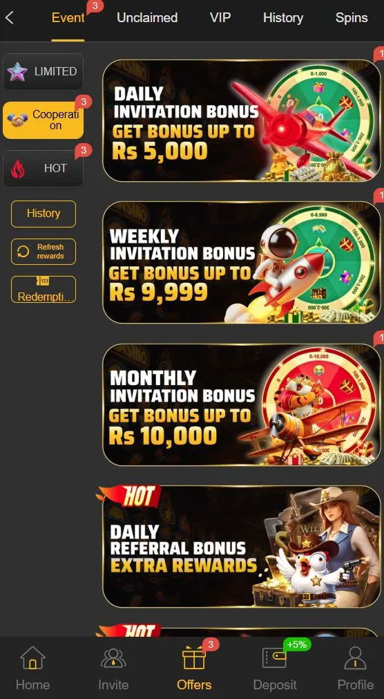58Q Game APK offers screen showing daily, weekly, and monthly invitation bonuses plus referral rewards