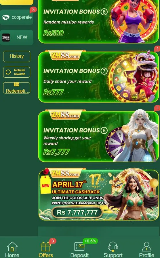 Bonuses and promotions section in ZH88 Game showing invitation bonus offers, cashback event banner, and reward amounts on the app screen