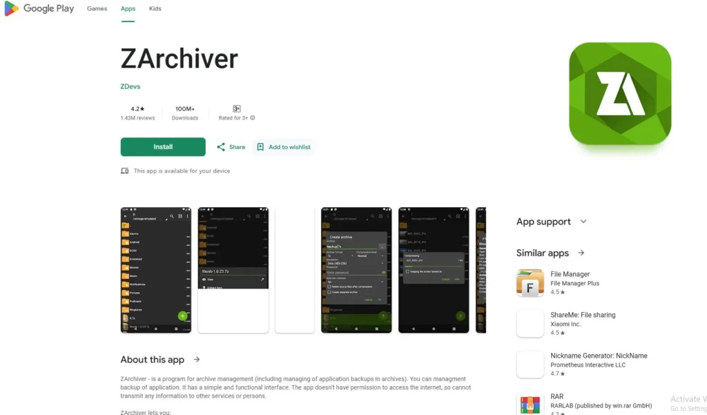 Google Play screenshot of ZArchiver app used to extract split APK and APKS files on Android