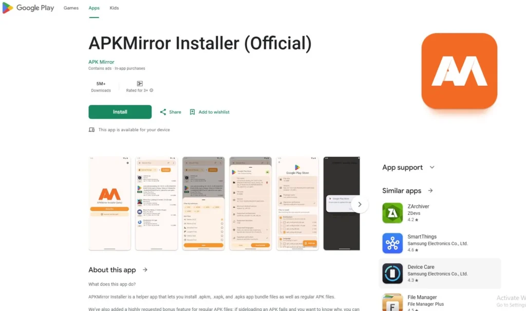 Google Play listing screenshot of APKMirror Installer Official app for installing split APK files on Android