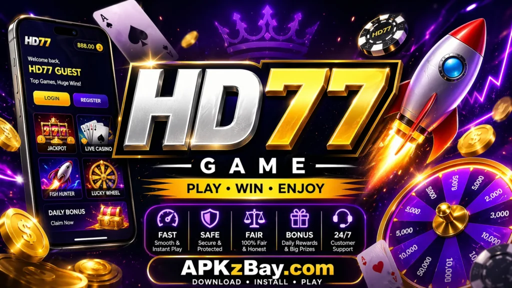 HD77 Game promotional banner with APKzBay.com branding, mobile app screen, rocket, casino wheel, gold coins, and neon gaming design