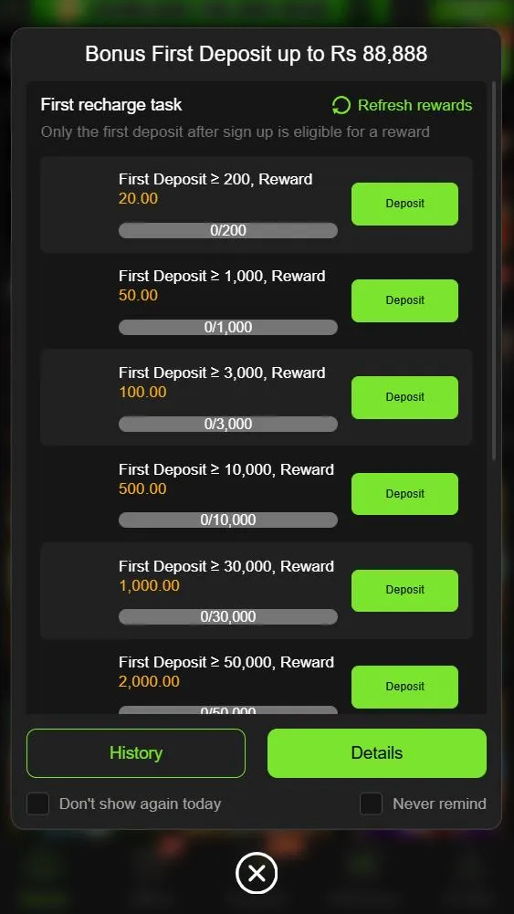 Bet877 game bonuses and promotions screen showing first deposit rewards in PKR with deposit bonus tiers and green deposit buttons
