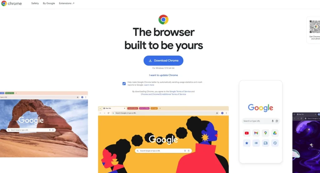 Google Chrome homepage and download page displayed across desktop and mobile browser screens