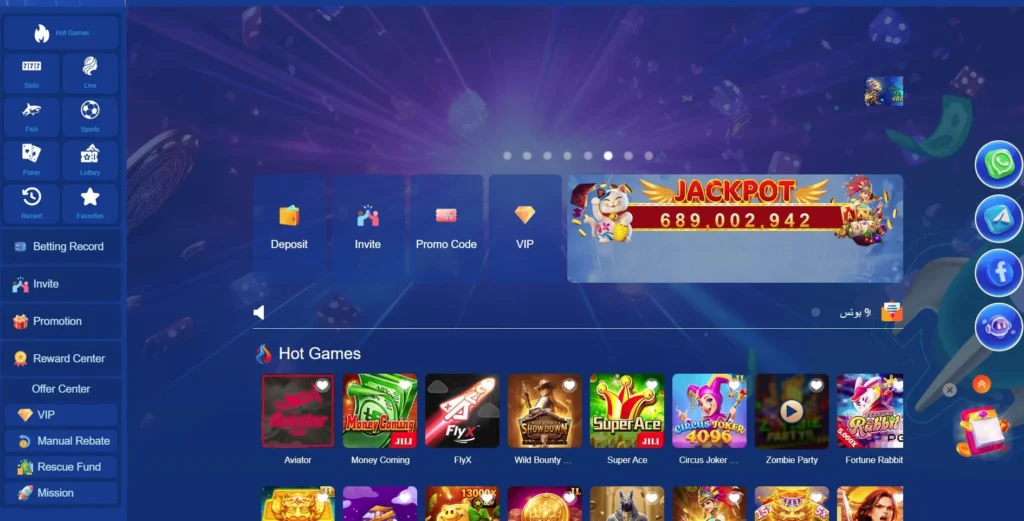 KK33 Game layout screen shot showing hot games, deposit, invite, promo code, VIP, and jackpot dashboard