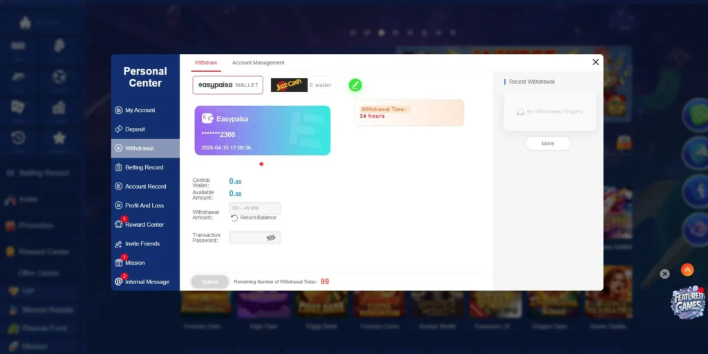 KK33 Game withdrawal screen showing Easypaisa, JazzCash, e-wallet options, wallet balance, and withdrawal form
