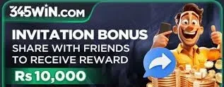Referral Program in 345Win Game showing invitation bonus, APKzBay.com branding, Rs 10,000 reward, gold coins, and share icon