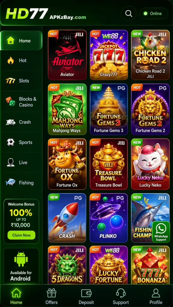 Multiple game categories in HD777 Game with APKzBay.com branding, green casino app interface, slot games, live casino, crash, sports, fishing, and bonus sections