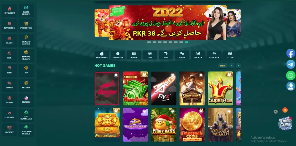 Screenshot of the ZD22 Game homepage showing a colorful mobile gaming dashboard with hot games, slots, live casino, poker, sports, lottery, promotions, and invite options.