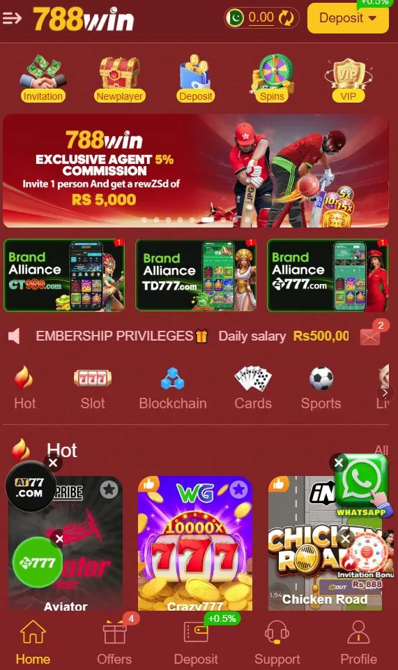 Win788 Game APK home screen showing casino games, deposit option, bonuses, referral invite offer, and Android gaming features