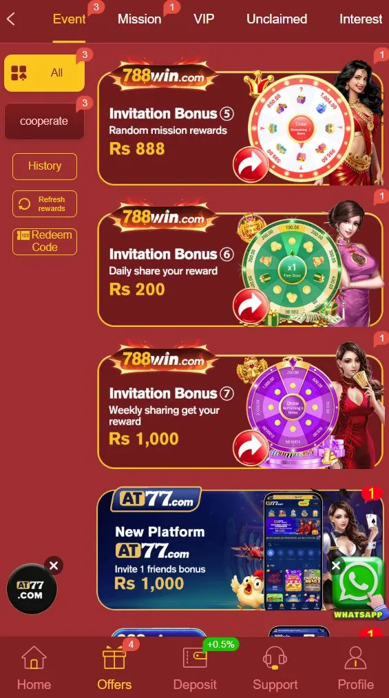 Bonus offers in Win788 showing invitation rewards, mission events, VIP offers, redeem code option, and APK gaming promotions