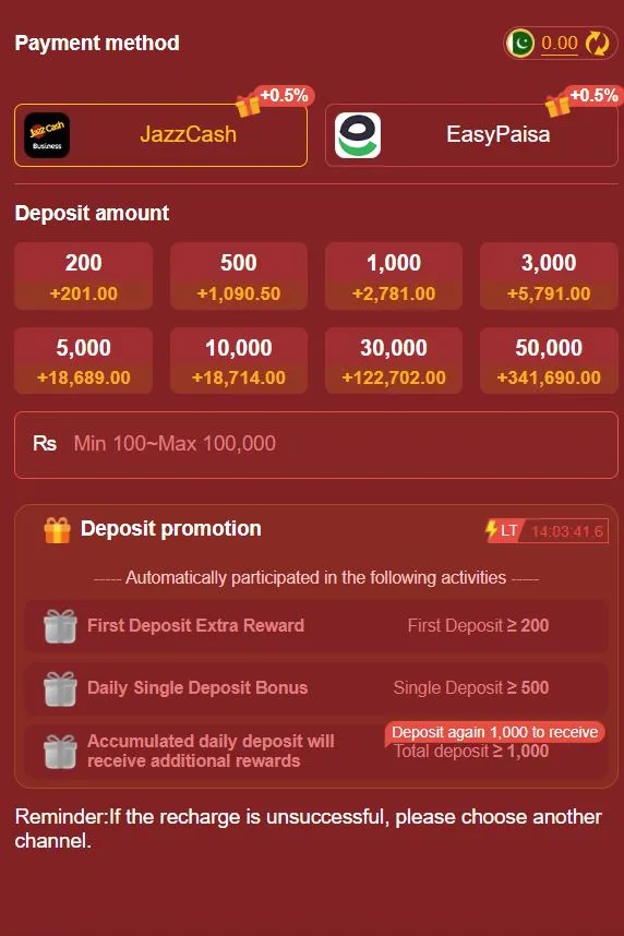 Payment options for Pakistan users in Win788 showing JazzCash, EasyPaisa, deposit amounts, recharge limits, and deposit promotions