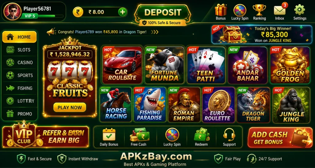 PAK500 style casino gaming app interface with colorful slot games, jackpot display, deposit button, and APKzBay.com branding