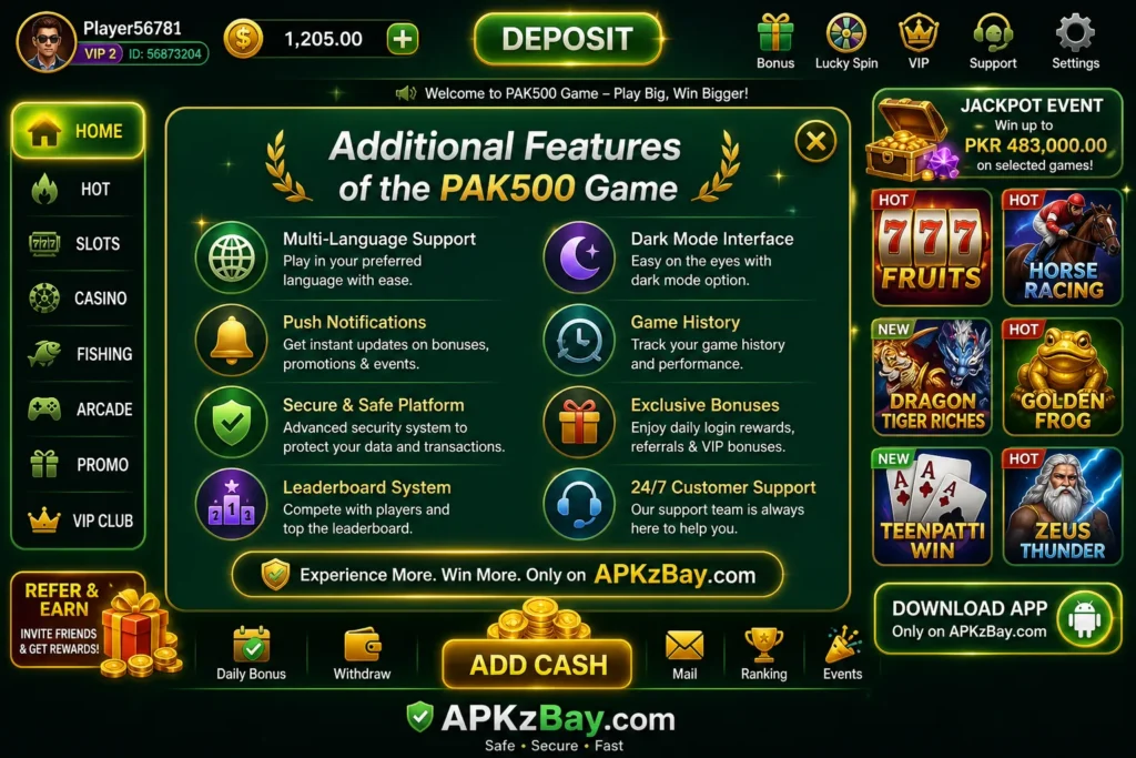 Additional Features of the PAK500 Game interface showing multi-language support, dark mode, bonuses, and APKzBay.com branding