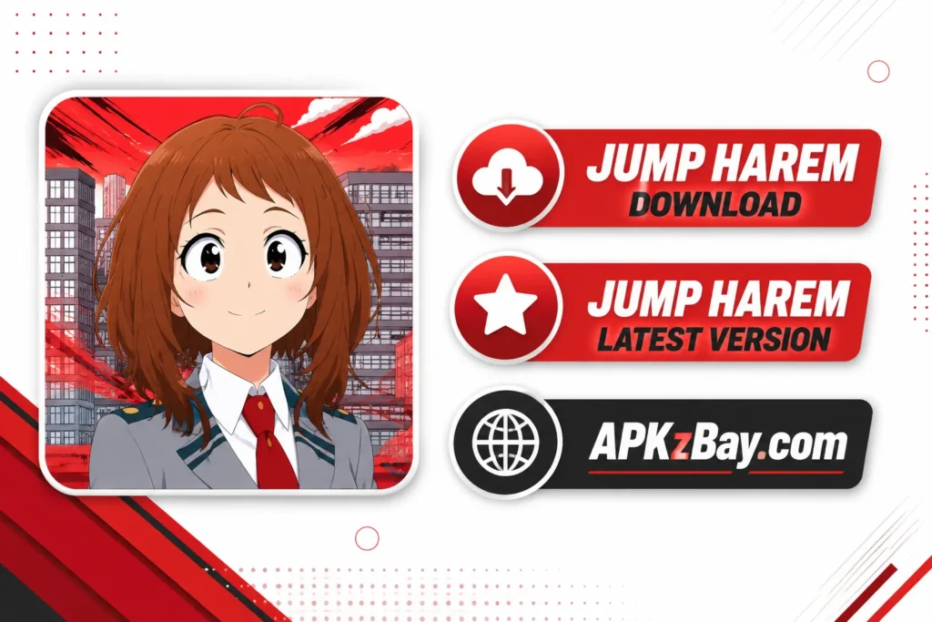 Alt Text:
Jump Harem latest version download promotional image with anime girl icon, modern colorful background, Jump Harem Download text, and APKzBay.com branding.