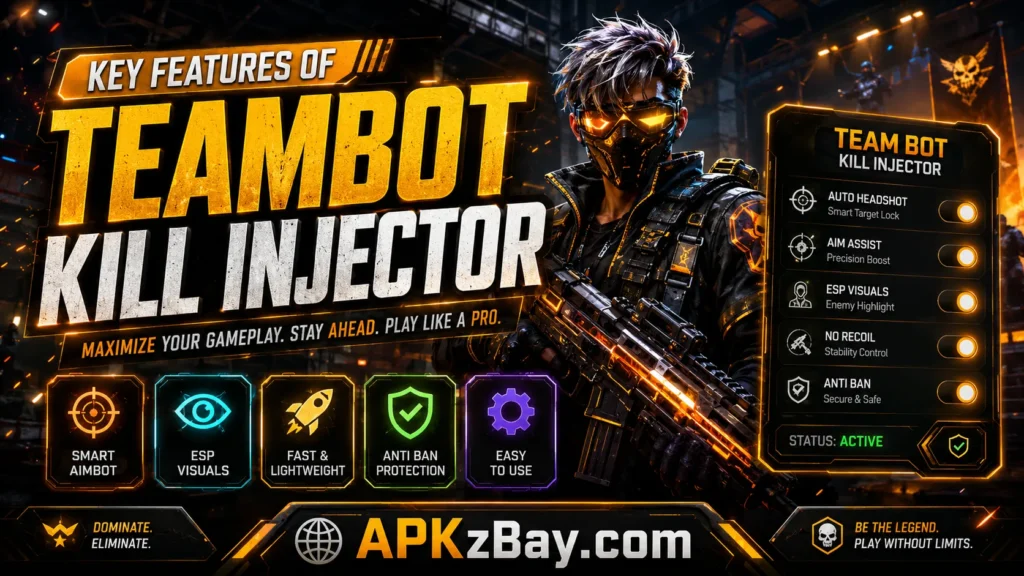 Key Features of TeamBot Kill Injector gaming banner by APKzBay.com