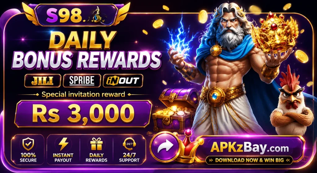 S98 Game daily bonus rewards banner featuring a powerful fantasy character, treasure chest, casino icons, and gold coins.