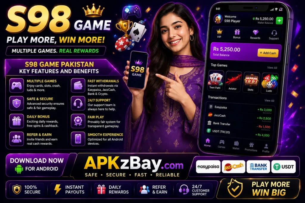 S98 Game Pakistan key features and benefits banner featuring a smiling girl holding a smartphone, gaming icons, and secure payment methods.