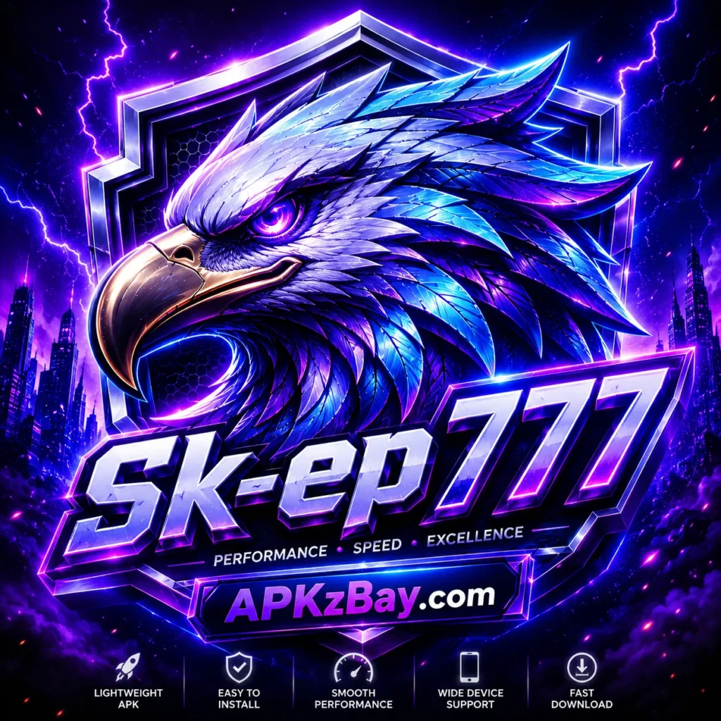 SK-EP777 APK logo featuring a glowing eagle mascot, lightning effects, metallic typography, and APKzBay.com