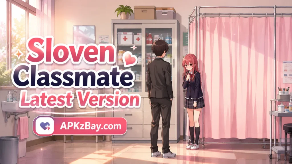 Sloven Classmate Latest Version banner showing an anime-style school clinic scene with two student characters, bold title text, and APKzBay.com branding