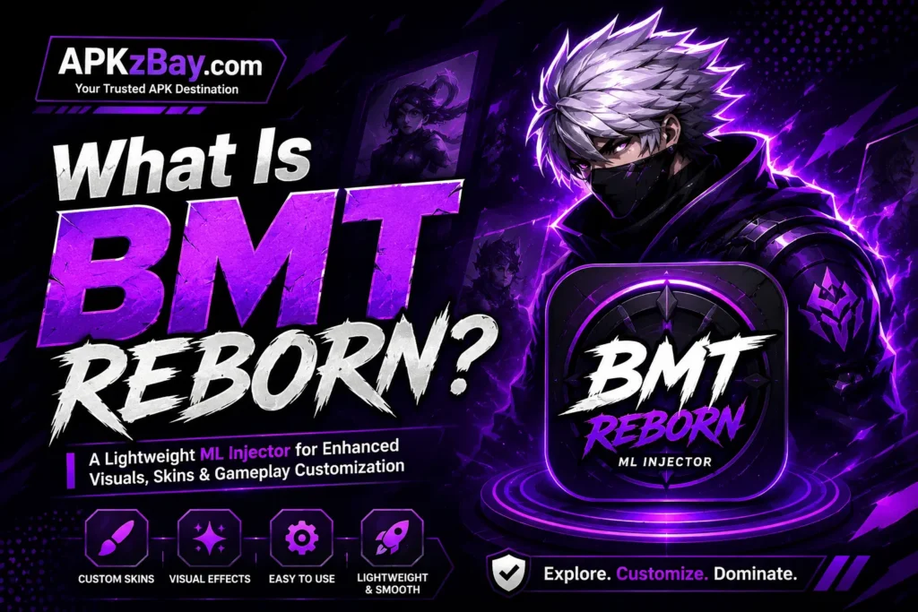 What Is BMT Reborn promotional banner with neon purple gaming character and APKzBay.com branding