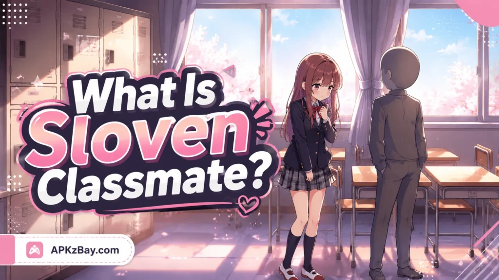 What Is Sloven Classmate banner showing an anime-style classroom scene with a schoolgirl, a student figure, bold title text, and APKzBay.com branding