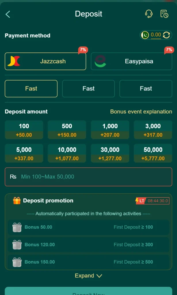 BET Game deposit page showing JazzCash, Easypaisa payment methods, deposit amounts, and bonus promotions.