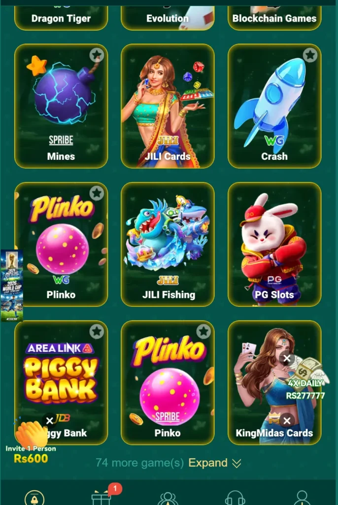 BET Game lobby interface showing popular casino games including Mines, JILI Cards, Crash, Plinko, JILI Fishing, PG Slots, Piggy Bank, and KingMidas Cards.