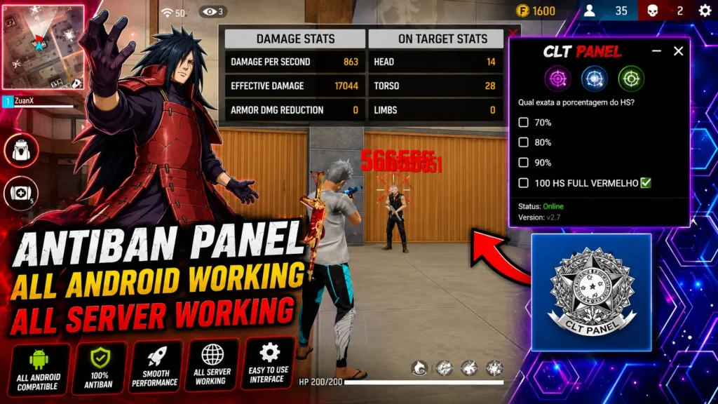 Features of CLT Panel FF APK showing customizable settings panel, gameplay enhancements, Android support, and performance optimization tools.