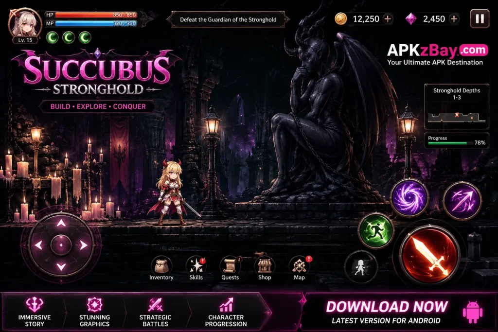 Key features of Succubus Stronghold APK showing fantasy RPG gameplay, character abilities, combat controls, and dungeon exploration