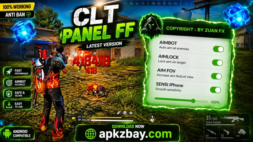 CLT Panel FF APK interface showing gameplay enhancements, custom settings panel, and Android compatibility features.