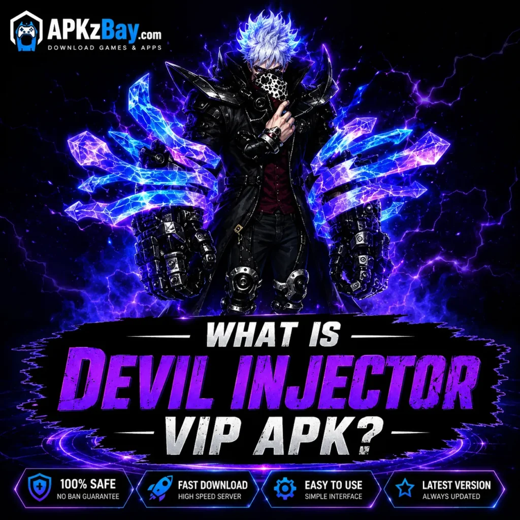 What Is Devil Injector VIP APK? image showing a futuristic anime-inspired warrior with glowing blue and purple energy effects, cyberpunk theme, and APKzBay.com branding.