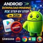 Android download pending fix step by step featured image with sad Android mascot, Play Store file icon, pending error sign, Samsung, Huawei, Chrome, and Android 15 symbols