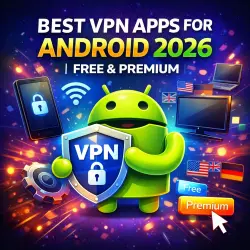 Best VPN Apps for Android 2026 featured image with Android mascot, VPN shield, phone, Wi-Fi, and free vs premium labels