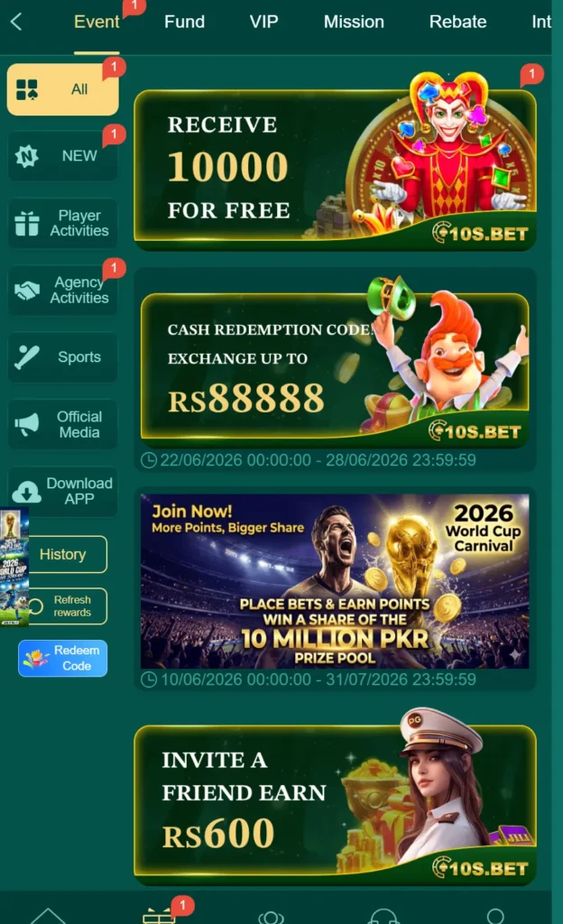 BET Game Events page featuring welcome bonus, redemption code offers, World Cup promotion, and referral rewards.