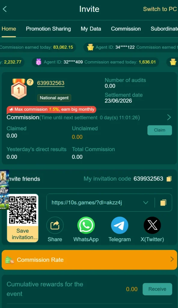 BET Game Invite page displaying referral code, QR code, commission dashboard, and social sharing options for earning referral rewards.